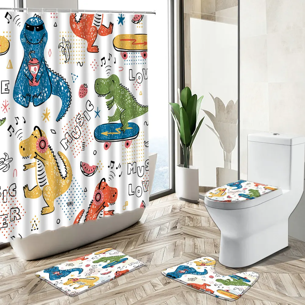 

Dinosaur Printed Shower Curtain Cartoon Cute Jungle Animal Non-Slip Pedestal Rug Toilet Cover Bath Mat Child Bathroom Deco Set