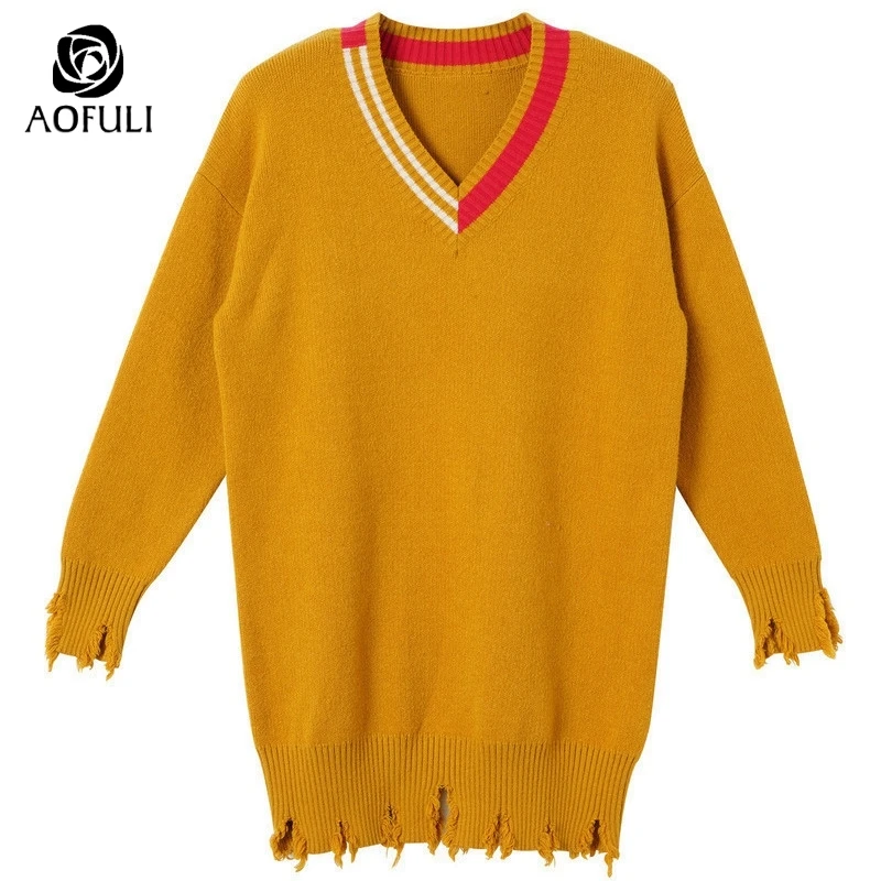 L- 4XL 5XL Chic Plus Size Women Knitted Sweaters Batwing Long Sleeve Pullover V-neck Knit Tops Casual Knitwear AOFULI A4110 | Женская