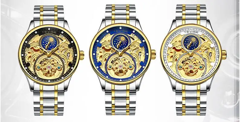 TEVISE часы Moon phase полые tourbillon автоматические механические наручные часы из нержавеющей стали мужские часы браслет часы