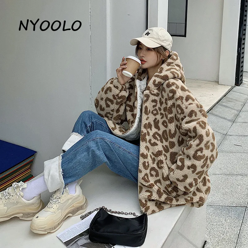 

NYOOLO Winter Streetwear Leopard Lamb Wool Thicken Warm Long Sleeve Zipper Hooded Jacket Women Clothes Harujuku Outerwear Coats