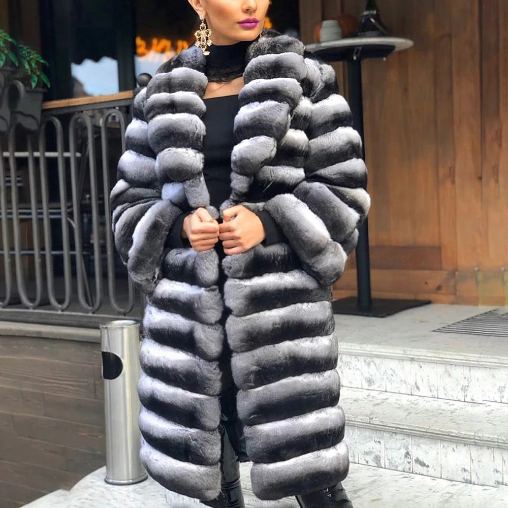 Winter Fashion Real Chinchilla Color Rex Rabbit Fur Coat 90cm Long Women Casual Full Pelt Genuine Rex Rabbit Fur Coats Outwear enlarge