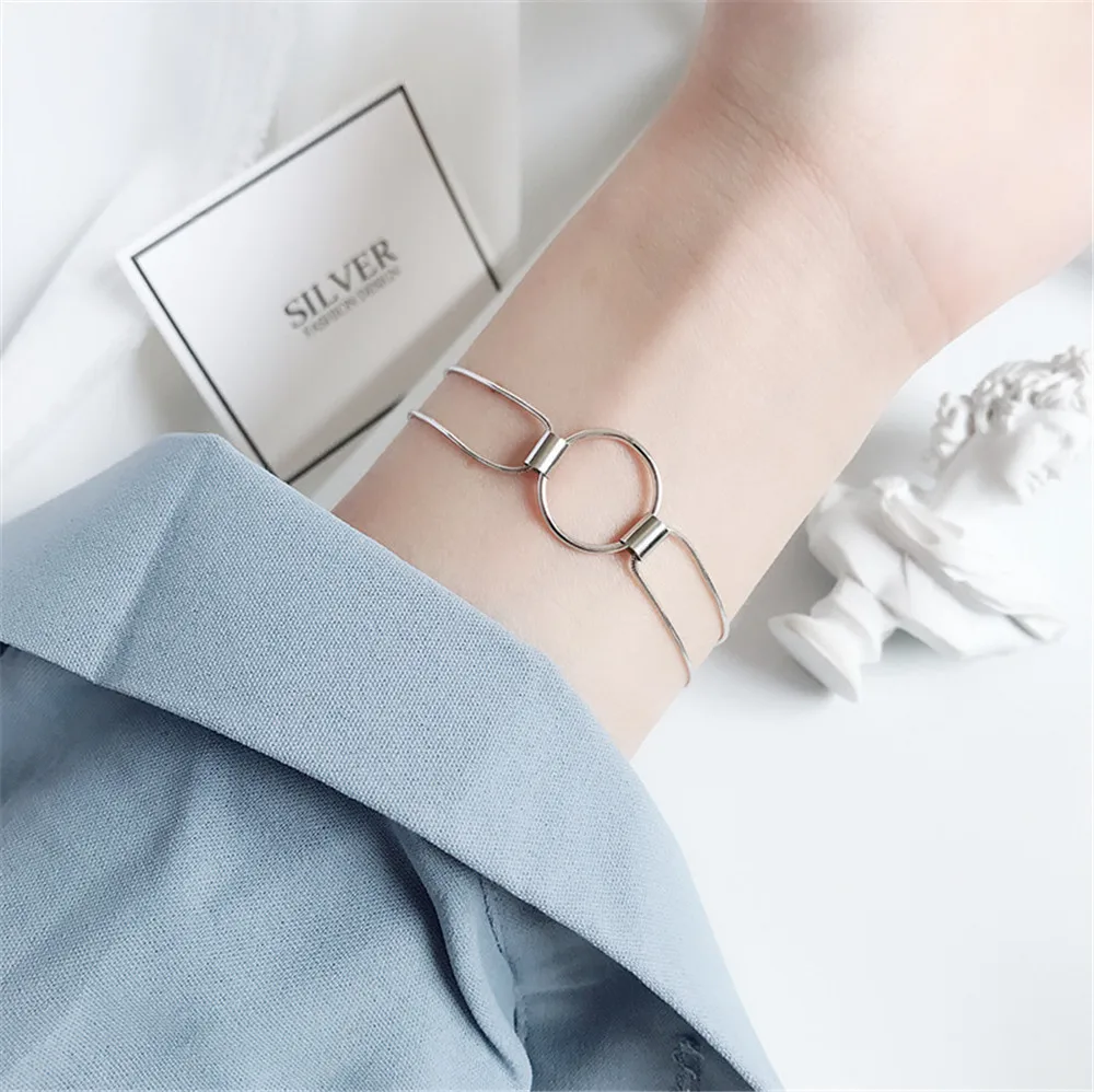 

DAIWUJAN Genuine 925 Sterling Silver Minimalist Round Double Layers Snake Chain Charm Bracelets For Women Wedding Jewelry Gift