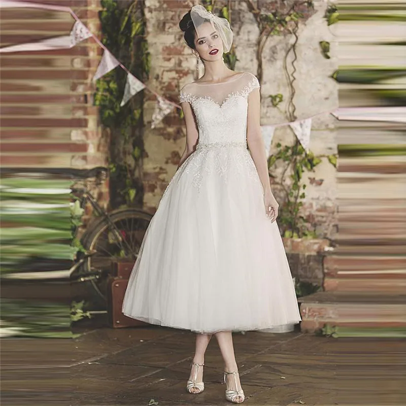 

Sheer Short Sleeves A-Line Women Bridal Gowns Custom Retro Short Tea Length Wedding Dress 2020 Spring Formal