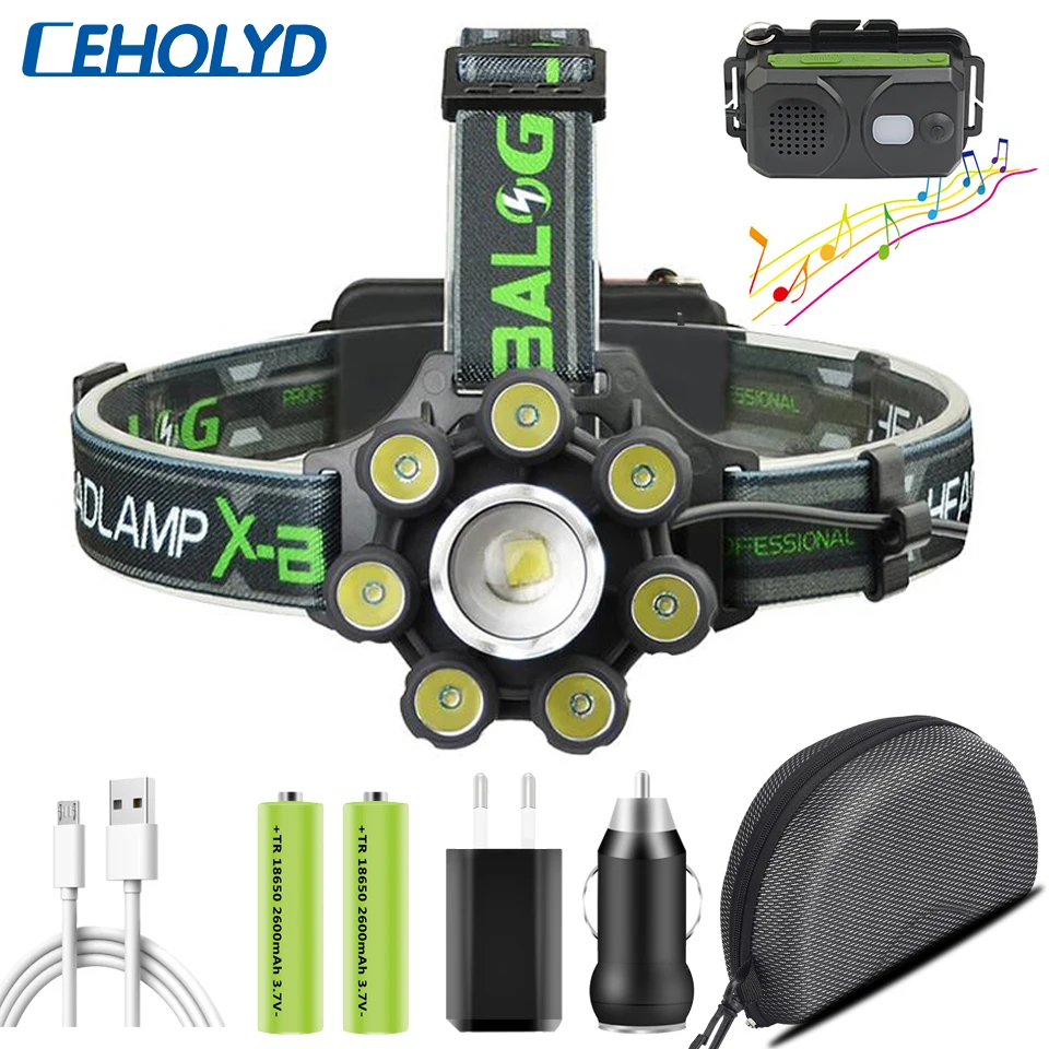 

Reachargeable 18650 Battery Head Flashlight Lamp Smart Led Headlamp Bluetooth Speaker XM-L T6 Headlight 8000 Lumen Zoom USB