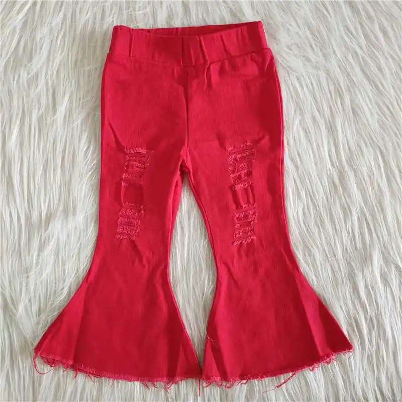 

New Baby Girls Vintage Red Bell-Bottom Jeans Long Pants High Waisted Denim Pans For Teen