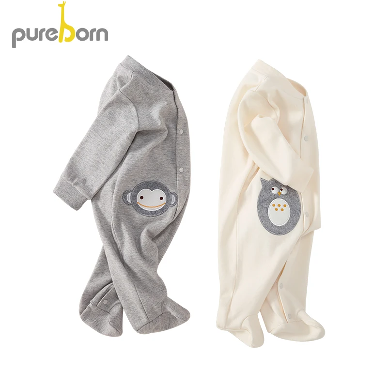 Pureborn/ хлопковые Ползунки для новорожденных мальчиков и девочек; весенние комбинезоны; Верхняя одежда; одежда для сна с рисунками животных из мультфильмов