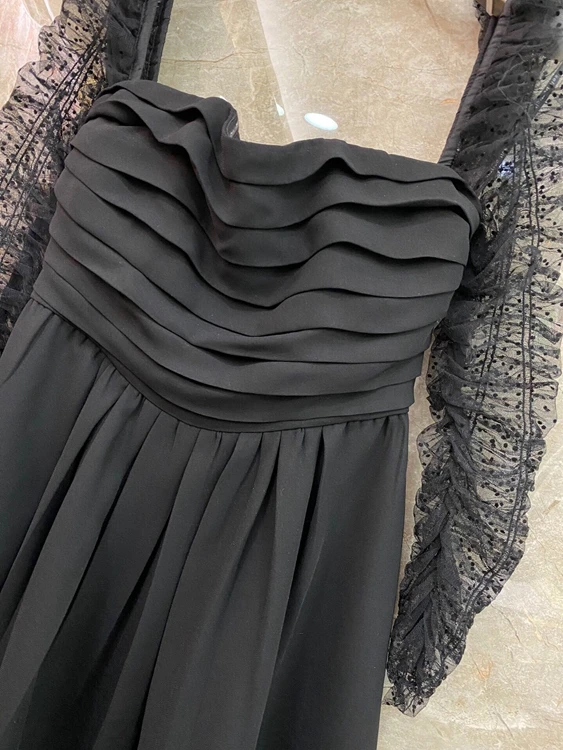 

Dress Black Gown 2021 Spring Summer Fashion Party Vestidos Women Sexy Square Collar Polka Dot Mesh Patchwork Long Sleeve Dress
