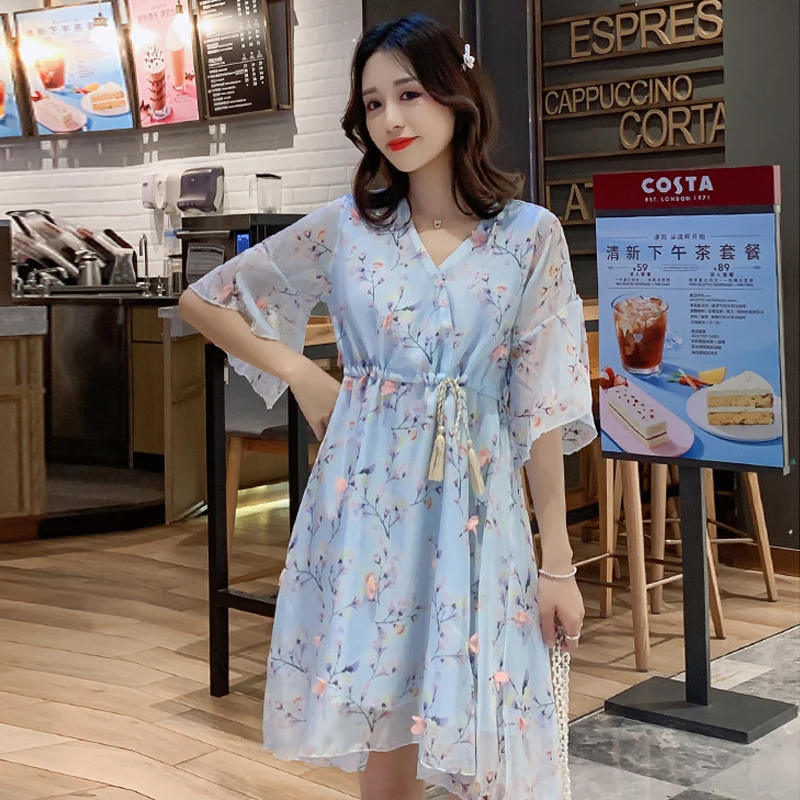 Летняя Свободная одежда для беременных женщин шифоновое платье с v образным