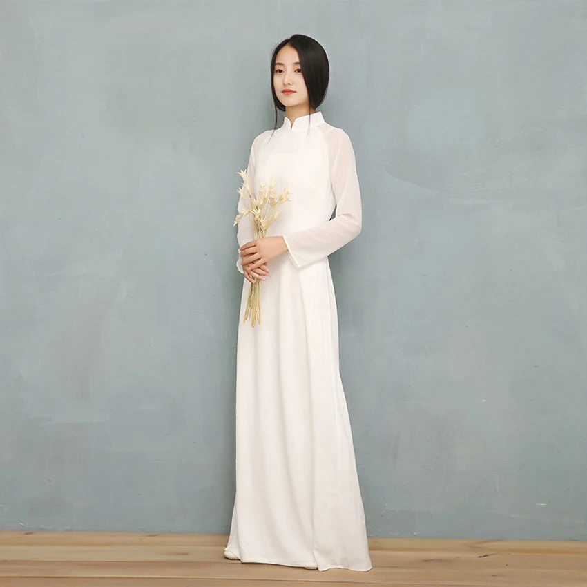 Vietnam Ao Dai White Solid Chiffon Perspective Dress for Woman Chinese Cheongsams Full Sleeve Female Oriental Dress