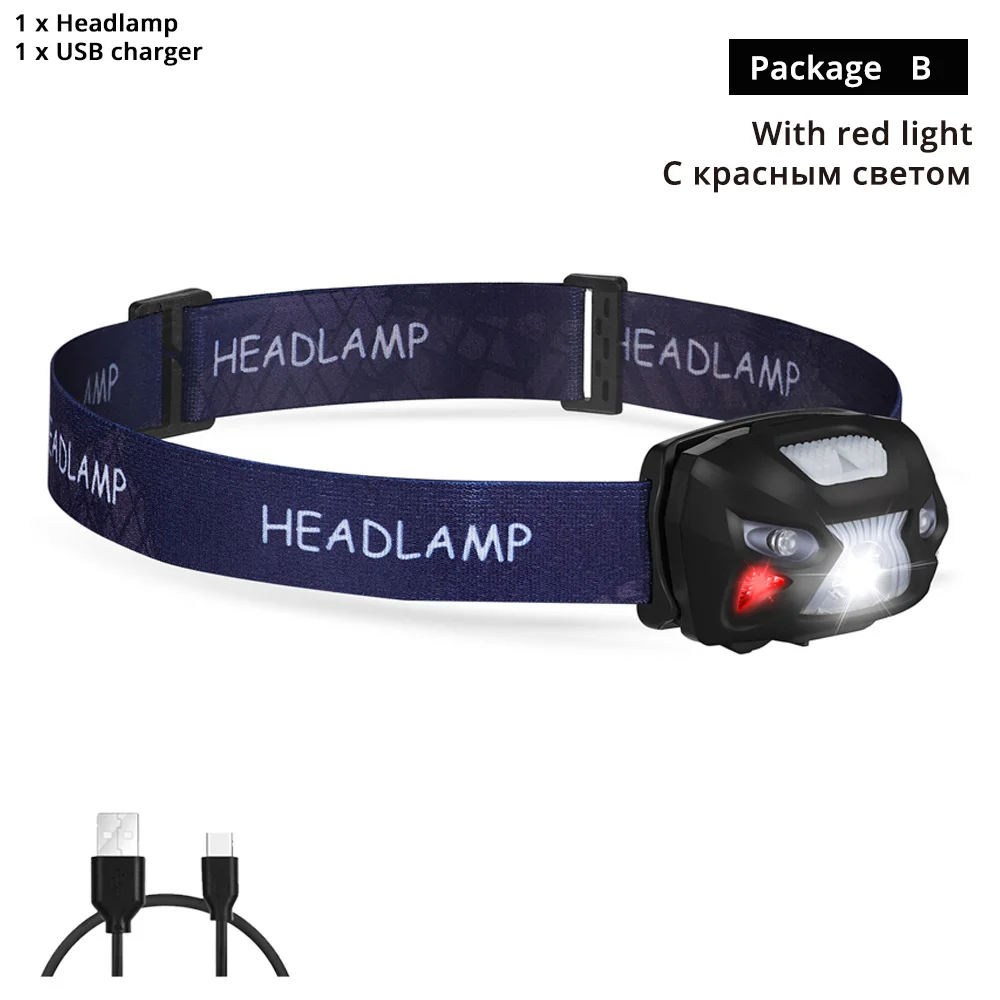 With red light-B 3000LM мини Перезаряжаемые светодиодные фары движения тела Сенсор светодиодные велосипедов Глава свет лампы Открытый фонарик с USB - Испускаемый цвет: With red light-B