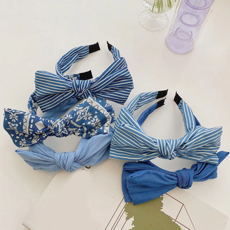 

New Fashion Women Hair Accessories Blue Denim Headband Big Bow Knot Hairband Summer Turban For Adult Headwear