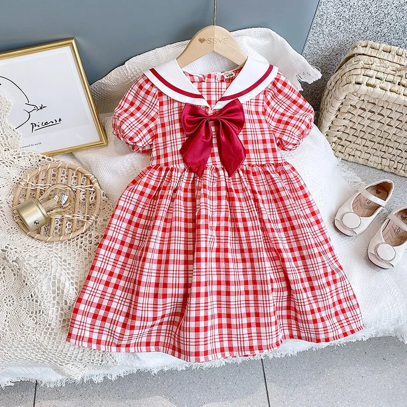 

Fashion Korean Plaid Little Girls Dresses Summer Bow Tie Short Sleeve Princess Dress Vestidos Cute Children School Costume