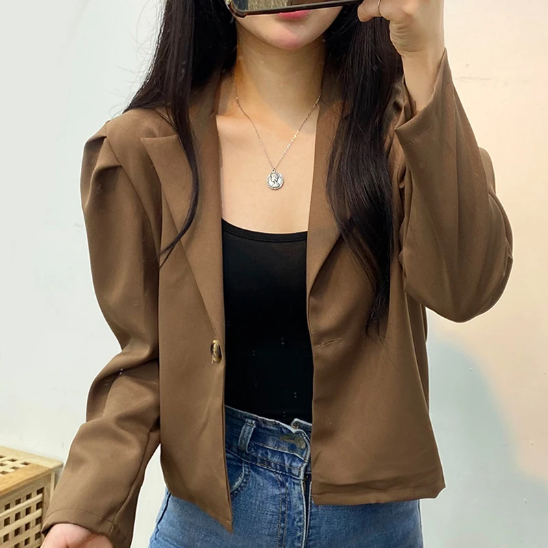 

Куртка женская короткая, осенняя, тонкая, однотонная, с длинным рукавом, с рюшами, в Корейском стиле, 2021