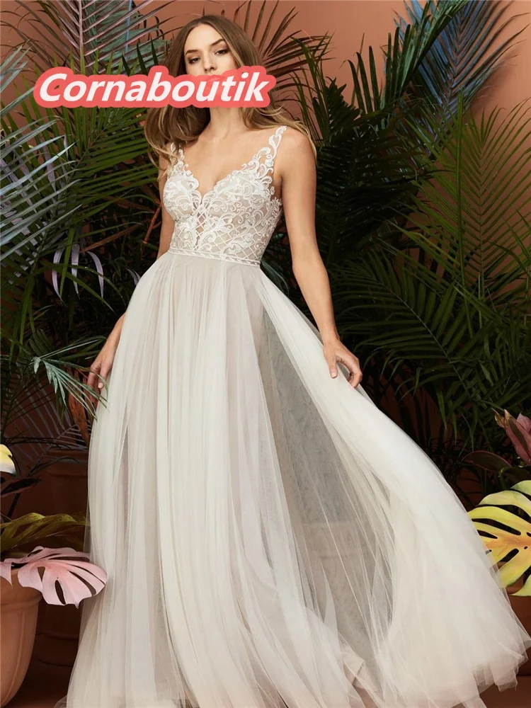 

A Line Champagne Wedding Dress COR-194 See Through Back Lace Bodice Tulle Skirt See Through Back Bridal Gowns Princess