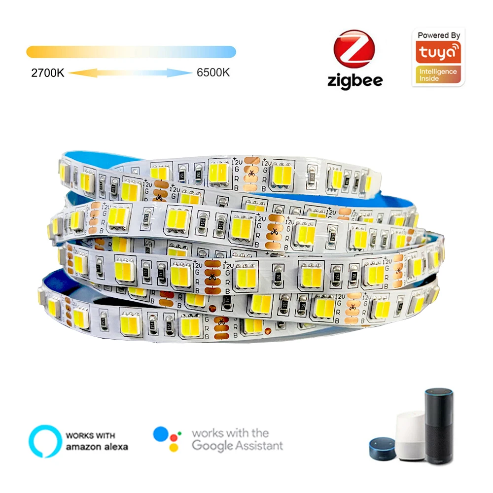5M 10M Tuya Zigbee Smart CCT Led Strip 5050 Dual White 2in1 Warm white &amp White+Mini Controller+12V Power Echo Plus Voice Control |