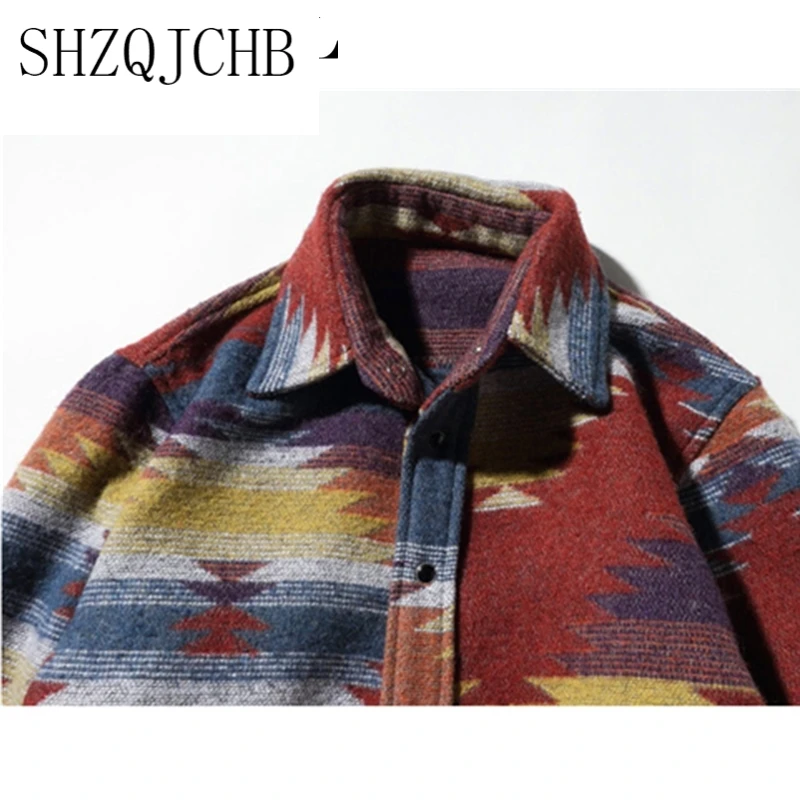 

JCHB Men's Vintage Flannel Woolen Shirt Blouse Male Loose Long Sleeve Turn Down Collar Single Breasted Thick Shirt Streetwear