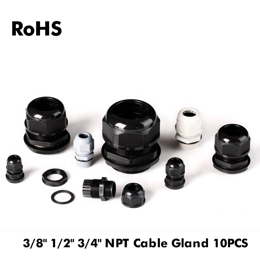 

10pcs IP68 Black 3/8"NPT 1/2"NPT 3/4"NPT Wire Cable CE Waterproof Nylon Plastic Cable Gland Connector