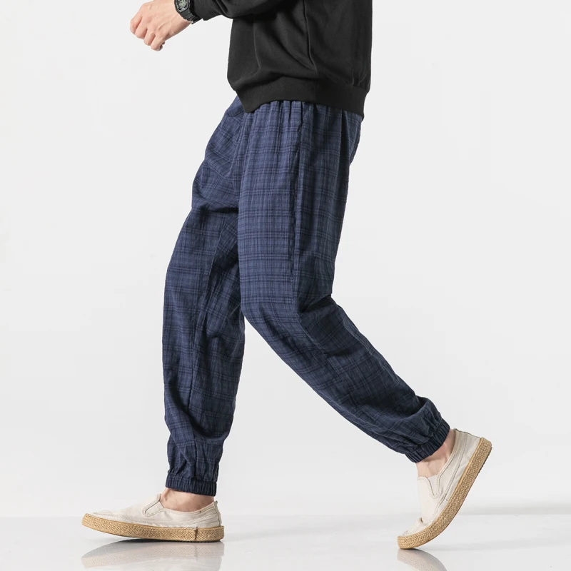 Autumn New Casual Pants Men Cotton Linen Slim Fit Grid Fashion Trousers Male Brand Clothing Plus Size 5XL Y1864