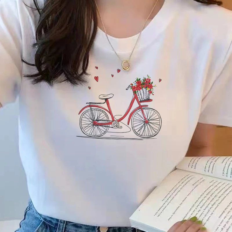 2021 Summer Bicycle Printed  Round Neck Short Sleeve Graphic Tees O-neck Cheap Tee 90s T-shirt Vintage Short Sleeve Cute Art Tee