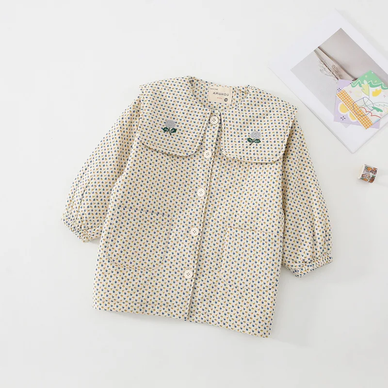 

Хлопковая куртка с большими лацканами и цветочным принтом для девочек, осенняя одежда для маленьких девочек, детская зимняя одежда, детские...