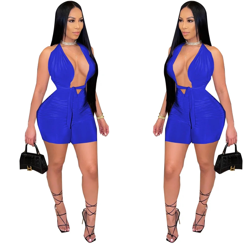 2021New Summer Jumpsuit Sexy Onesie Women Halter Strap Backless Shorts Romper Sexy Club Bodysuit Shorts Casual Playsuit Overalls