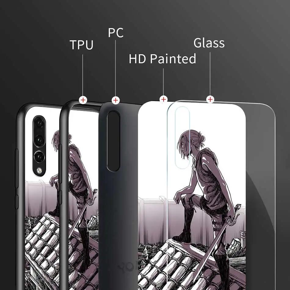 

Hot Anime Attack On Titan Glass Phone Case for Huawei P30 P40 Pro P20 Lite P Smart Z Y6 Y9 Y7 2019 for Honor 9X 20 8X Cover