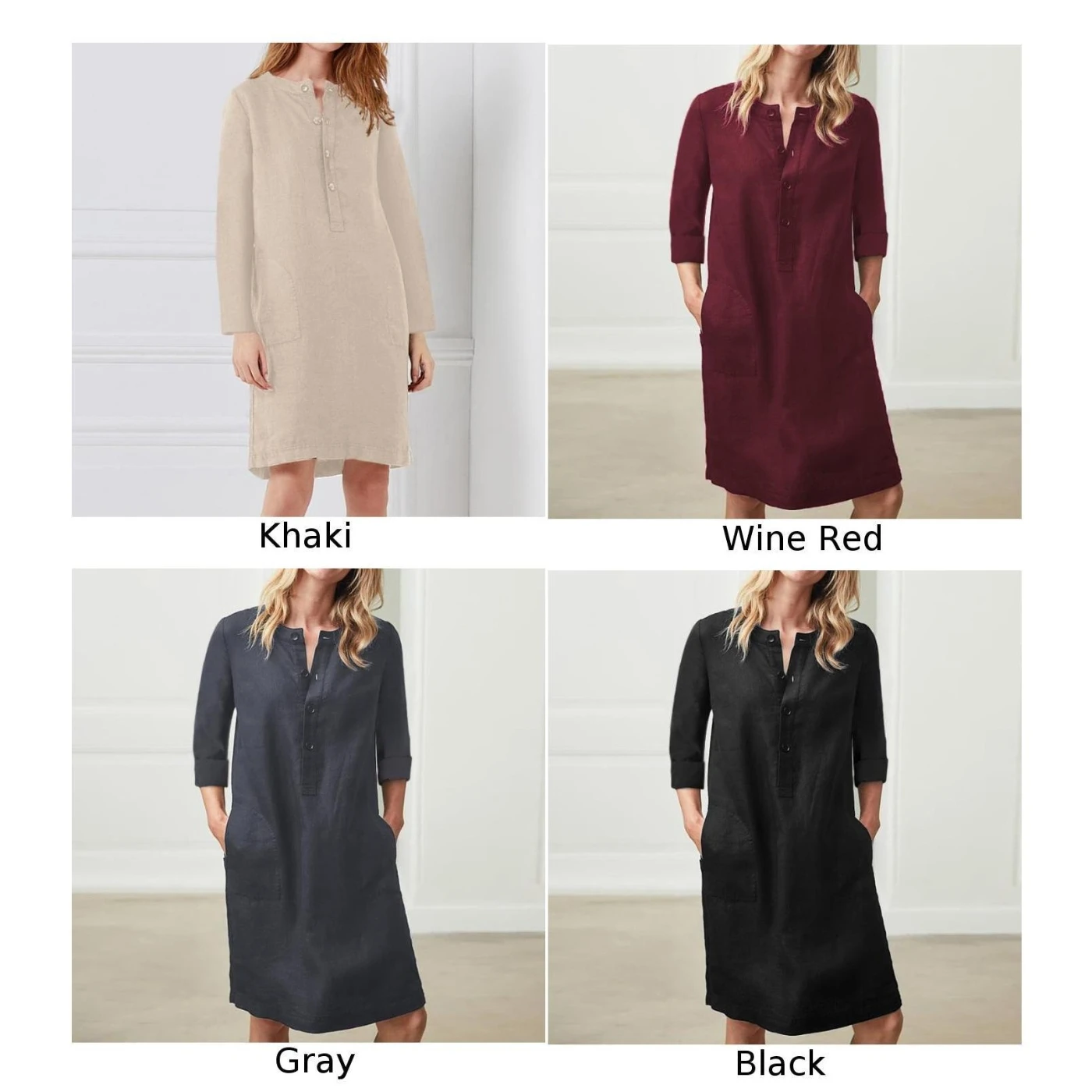 Women's Dress Autumn Cotton Blends Casual Round Neck Long Sleeve Single-breasted Solid Color Plus Size | Женская одежда