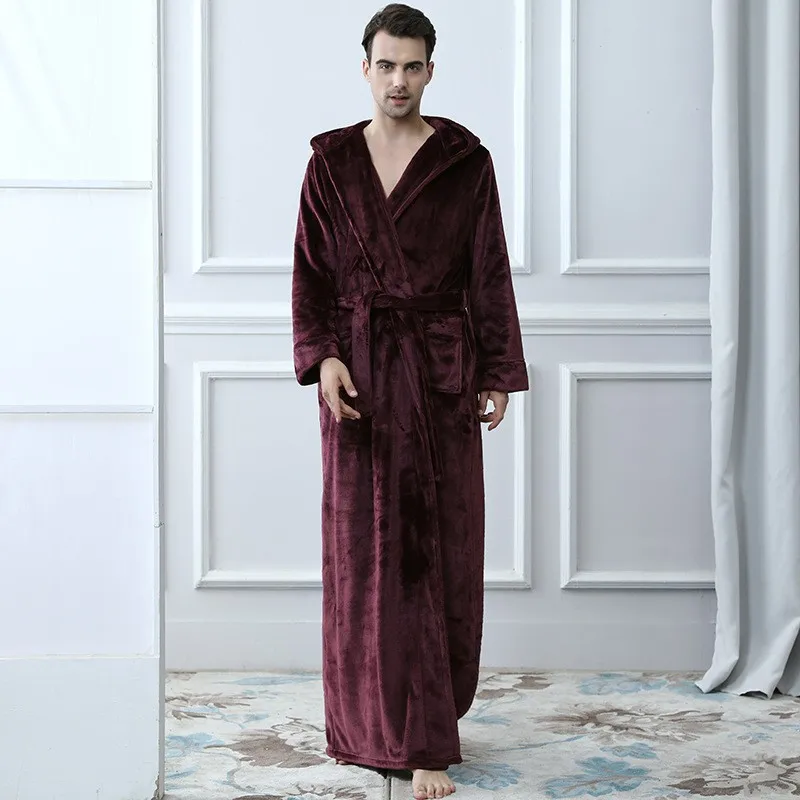 

Теплый мужской Халат с капюшоном, фланелевая длинная одежда для сна, кимоно, халат, Повседневная Ночная рубашка, зимняя утепленная одежда дл...
