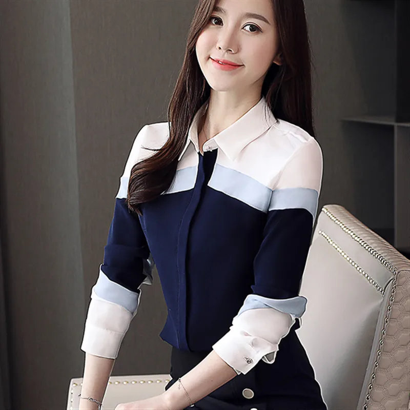 

2019 Spring New Women Tops And Blouses Chiffon Long Sleeve Polo Neck Shirts Casual Fashion Slim Ladies Top Patchwork Blusas