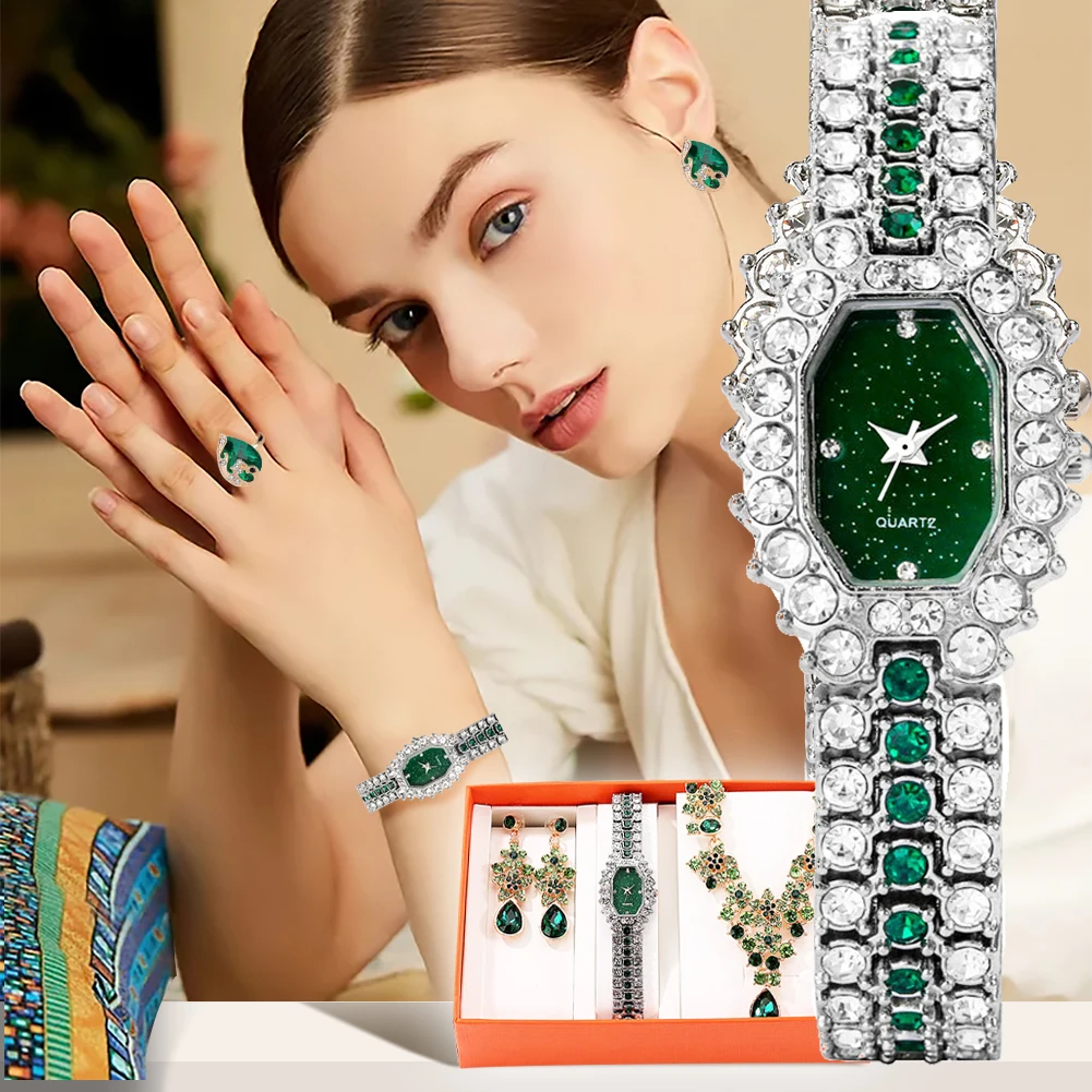Conjunto de reloj de lujo para mujer, conjunto de joyería nupcial de cristal para boda, regalos para