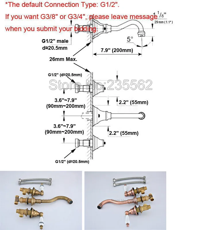 Двойные керамические ручки настенный смеситель для ванной комнаты красная медь 8