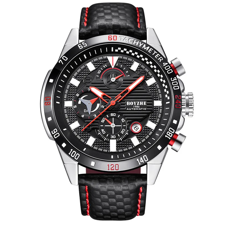 Часы мужские механические с календарем и кожаным ремешком из нержавеющей стали |