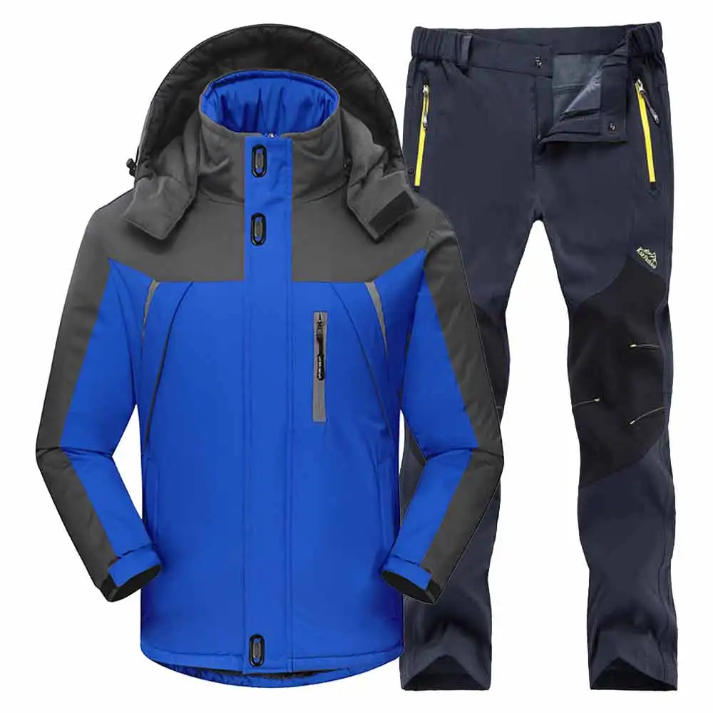 Blue Gray Suit Мужские зимние водонепроницаемые лыжные теплые флисовые походные куртки для рыбалки и катания на лыжах, мужские походные брюки, походная куртка, комплект, 4XL костюм - Цвет: Blue Gray Suit