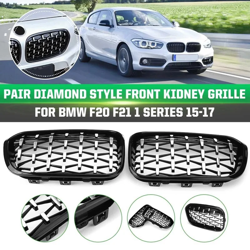 

1 Pair Front Kidney Diamond Style Grille Diamond Meteor Grills for -BMW 1 Series F20 F21 2015-2017 Racing Grills