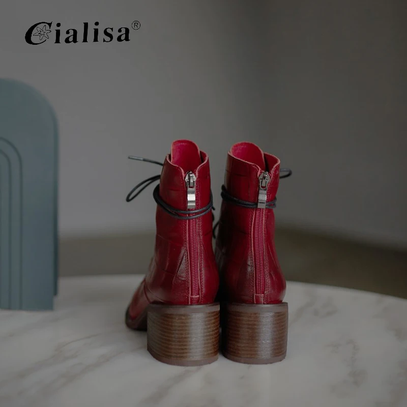 

CIALISA Women Shoes Chunky Heel Genuine Leather Round Toe Lace Up Boots 2020 New Fashion Handmade High Heel Ankle Boot