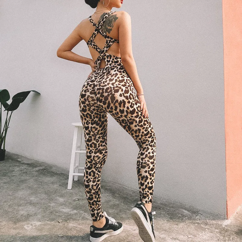 Lady Sexy Leopard Jumpsuits Women Fashion Off Shoulder Back Bandage Hollow Out Fitness Jumpsuit Rompers |