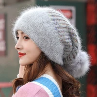 women autumn winter rabbit fur blend beanie pompom fur knitted hat fashion sweet warm earflap cap elasric outdoors skullcap