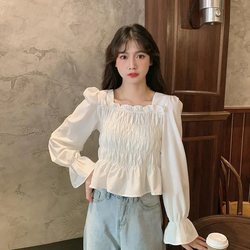 

Retro Blouses Women Design Ruffles Pleated Square Collar Slim Long Sleeve Shirts Solid Spring Gentle All-match Female Chic Tops