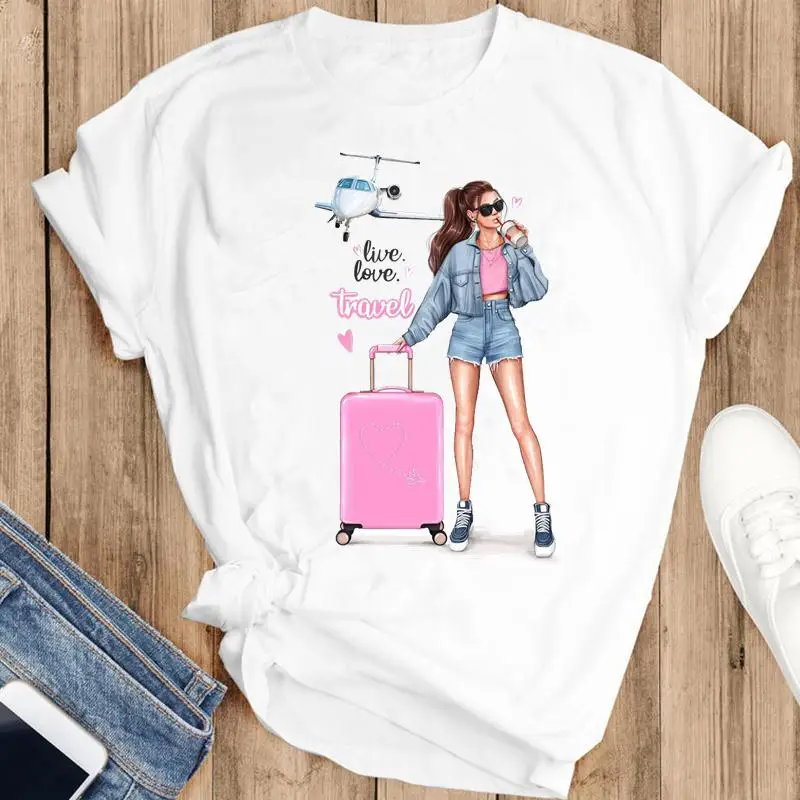 

Женские дорожные милые футболки для отпуска с графическим принтом, женские топы с коротким рукавом, модная футболка в стиле 90-х, одежда, футб...