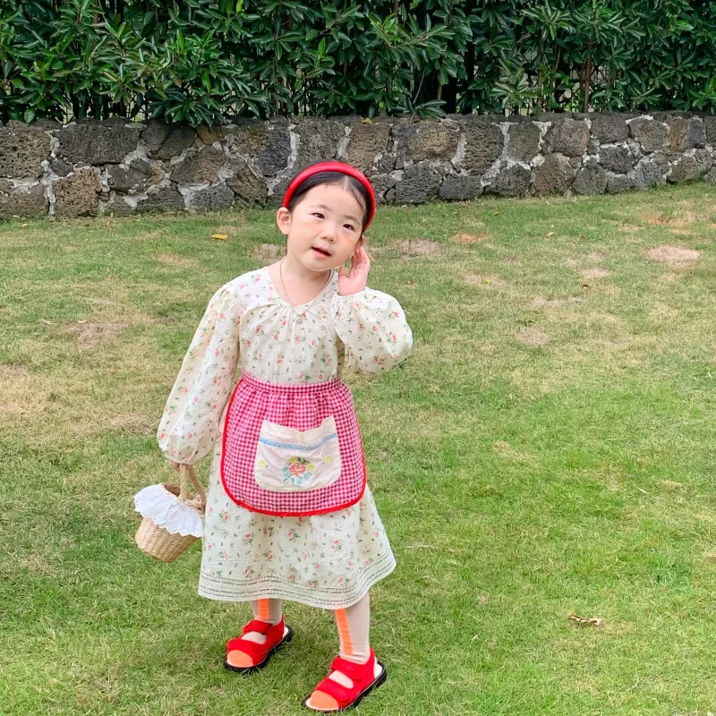 

MILANCEL 2022 Spring New Kids Clothes Girls Princess Dress Korean Long Sleeve Floral Dress And Bib