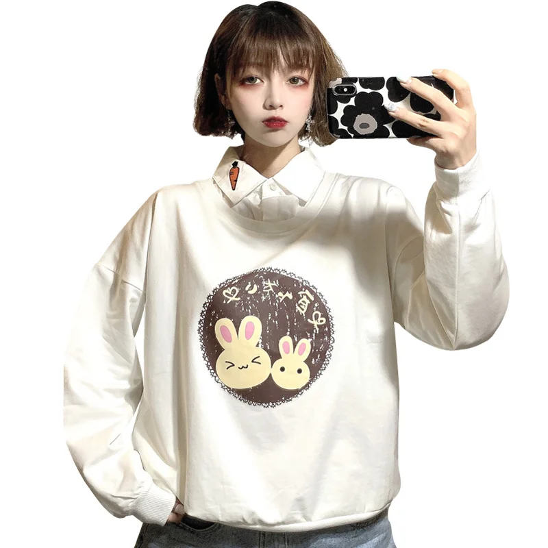 

Свитеры из двух частей с рисунком кролика, женское осеннее корейское поло