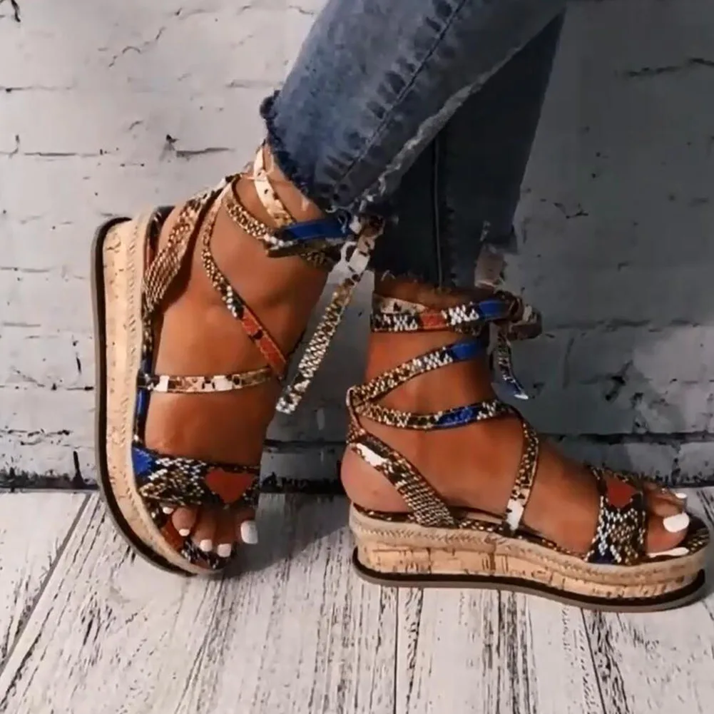 

Sarairis Wedges Heels Fashion 2020 Big Size 43 Wholesale Shoelaces Snake Printed Summer INS Hot Shoes Women Sandals