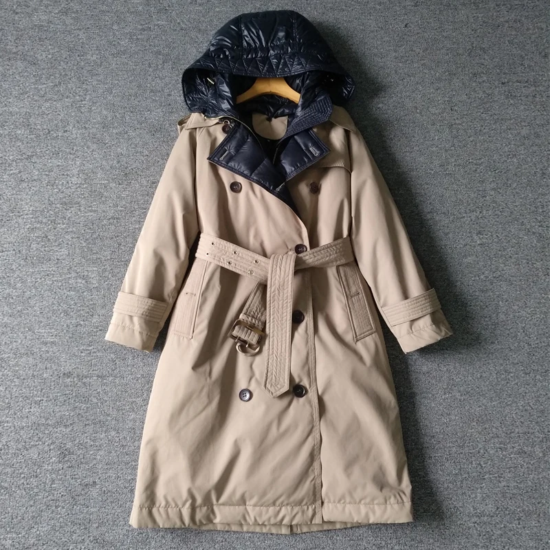 Женский двубортный пуховик с капюшоном длинная парка на белом утином пуху поясом