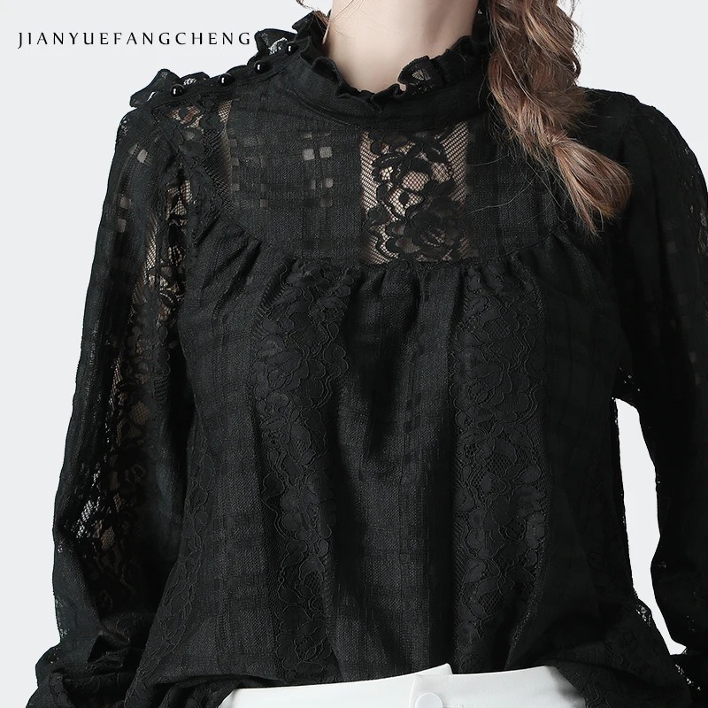 Элегантные женские черные Кружевной Топ с длинным рукавом Блузка для женщин