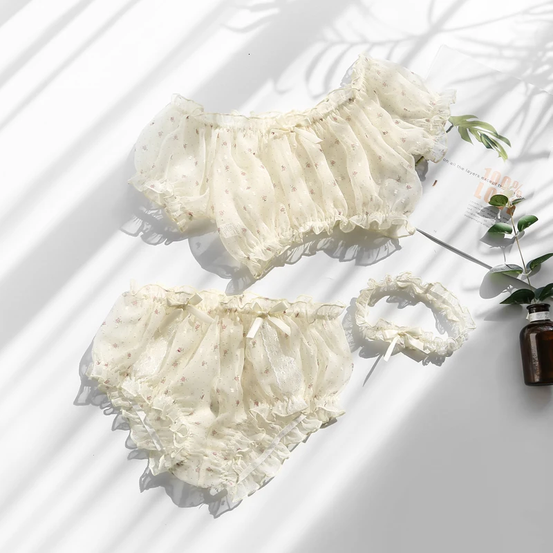 

Pastal Girl Style Sexy Lingerie Underwear Tranparent Floral Cute Chiffon Beautiful Tube Top Bra Panty Leg Ring 3pcs Set