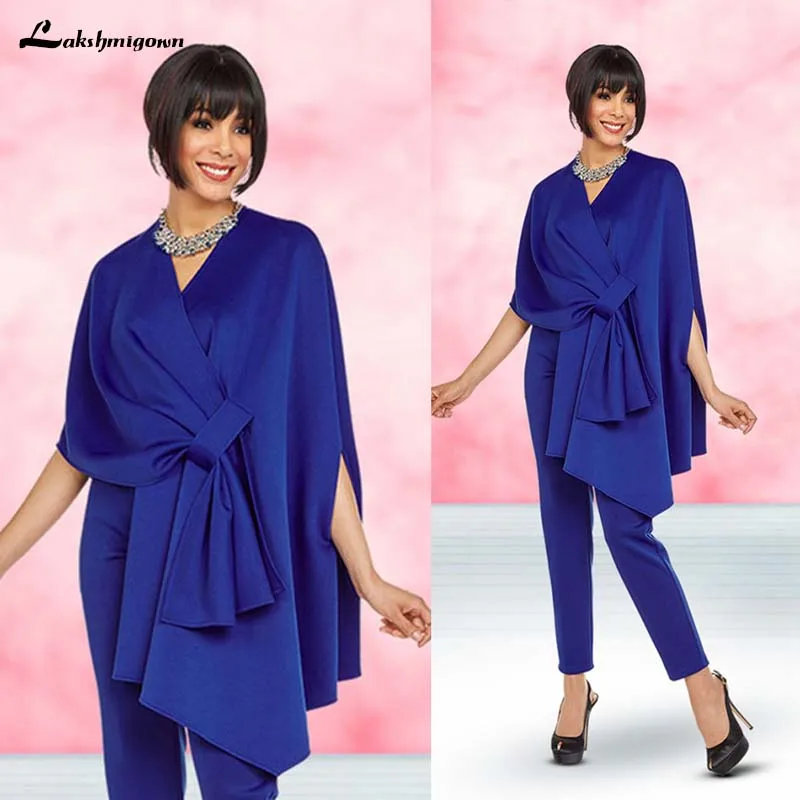 Синий мать новобрачных брючный костюм для свадьбы с v образным вырезом шеи