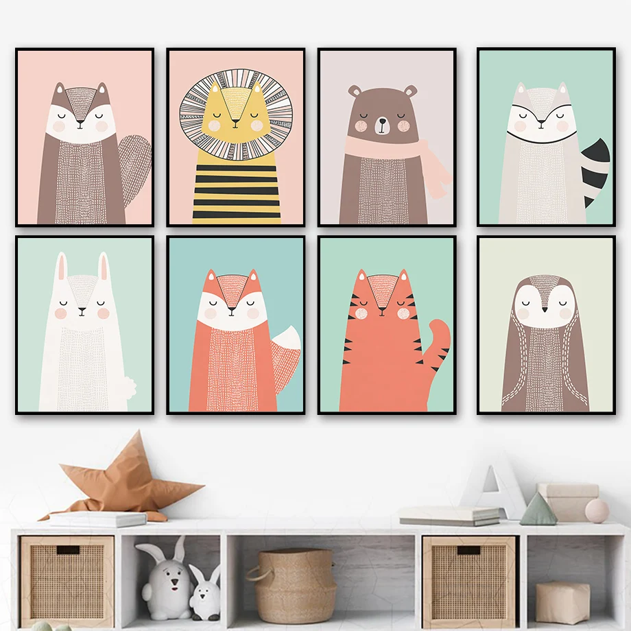 

Rabbit Squirrel Fox Bear Lion Tiger Owl Raccoon Nordic Posters And Prints Wall Art Canvas Painting Wall Pictures Kids Room Decor