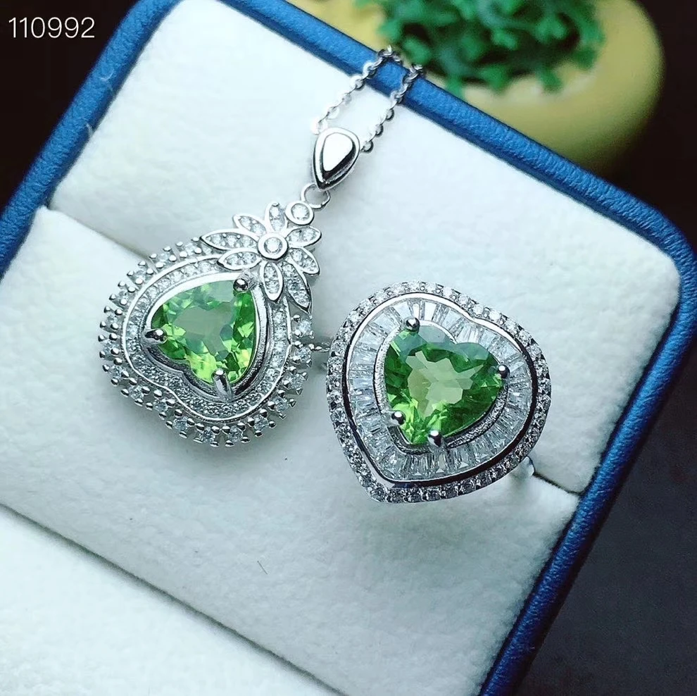 Очаровательный Зеленый Перидот кольцо и ожерелье из драгоценных камней комплект
