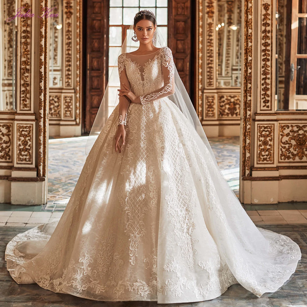 

Julia Kui Luxury Gorgeous Grid Ball Gown Wedding Dresses With Princess Full Sleeve Pearls Royal Bridal Dress