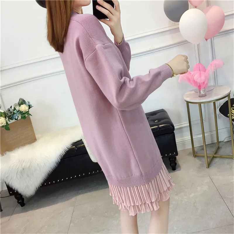 Плиссированное шифоновое женское трикотажное платье свитер с подолом Модный